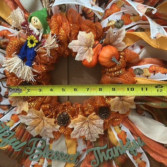 Handmade Fall Wreath with Rustic Scarecrow and Pumpkin Accents - Picture 3 of 4